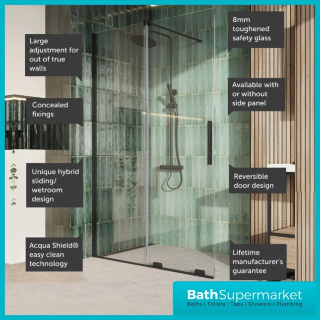 Sognare Momentum Black Sliding Wetroom Door & Optional Side Panel 2000mm High