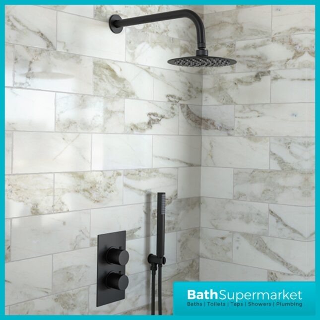 Tempo Flow Round Black 2 Way Concealed Thermostatic Shower Valve With Head & Handset