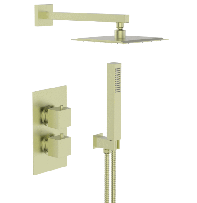 Tempo Flow Square Brushed Brass 2 Way Concealed Thermostatic Shower Valve With Head & Handset