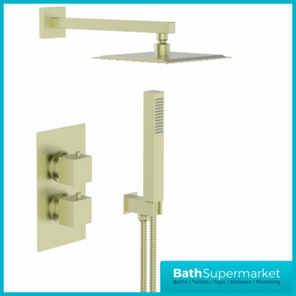 Tempo Flow Square Brushed Brass 2 Way Concealed Thermostatic Shower Valve With Head & Handset
