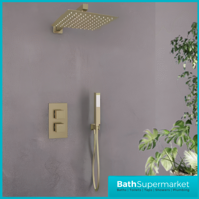 Tempo Flow Square Brushed Brass 2 Way Concealed Thermostatic Shower Valve With Head & Handset