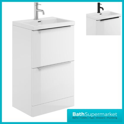 Sognare Muro Plus 500mm White Floorstanding Vanity Basin Unit – Chrome/Black Handle
