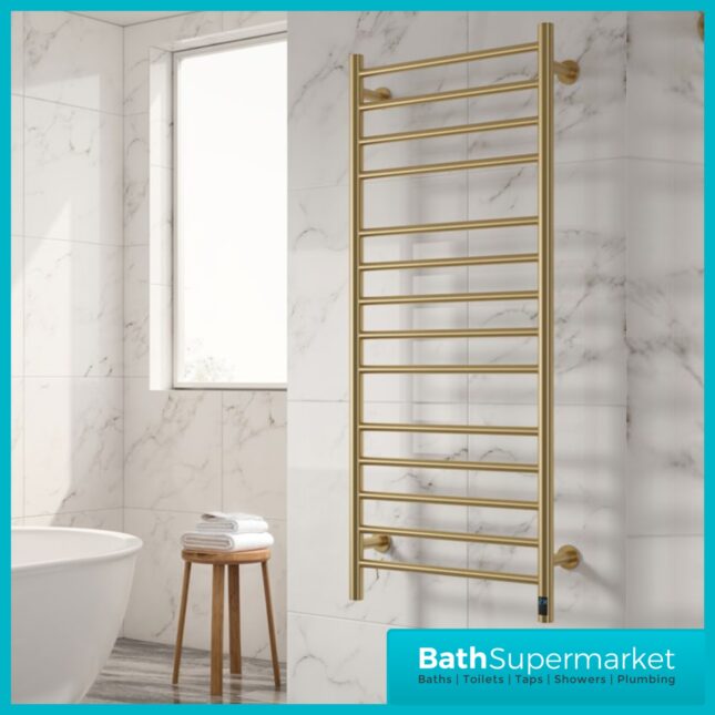 Reina Arnage Brushed Brass Stainless Steel Dry Electric Heated Towel Rail 500mm Wide