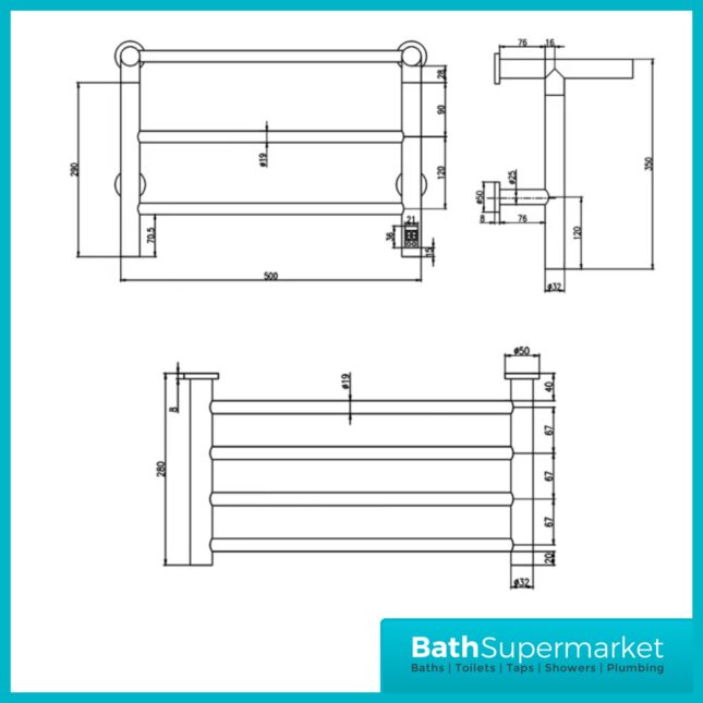 Reina Maira Black Dry Electric Stainless Steel Designer Heated Towel Rail 500mm Width