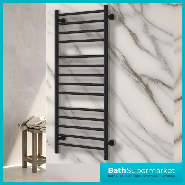 Reina Arnage Matt Black Stainless Steel Dry Electric Heated Towel Rail 500mm Wide