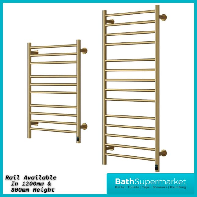 Reina Arnage Brushed Brass Stainless Steel Dry Electric Heated Towel Rail 500mm Wide