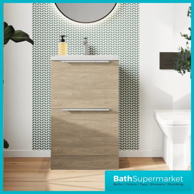 Sognare Muro Plus 500mm Oak Floorstanding Vanity Basin Unit – Chrome/Black Handle