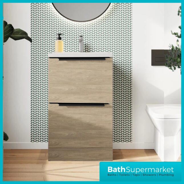 Sognare Muro Plus 600mm Oak Floorstanding Vanity Basin Unit – Chrome/Black Handle