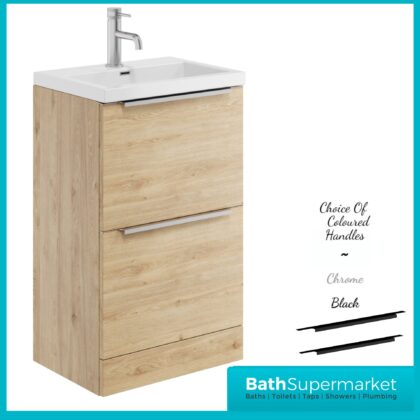 Sognare Muro Plus 500mm Oak Floorstanding Vanity Basin Unit – Chrome/Black Handle