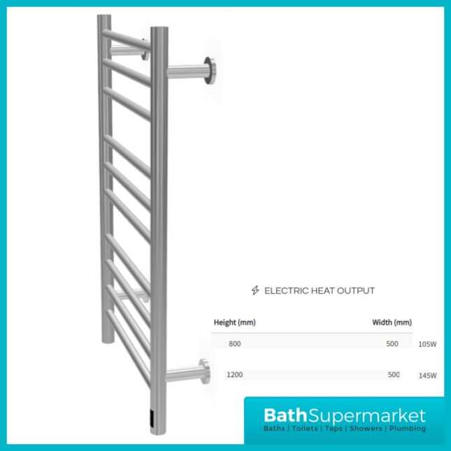 Reina Arnage Polished Stainless Steel Dry Electric Heated Towel Rail 500mm Wide