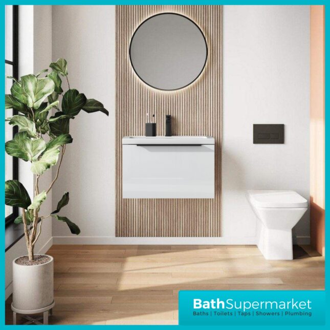 Celeste Muro 800mm Gloss White Basin & Unit Wall Black Handle