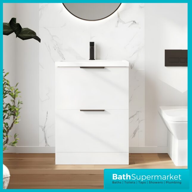 Sognare Muro Plus 600mm White Floorstanding Vanity Basin Unit – Chrome/Black Handle