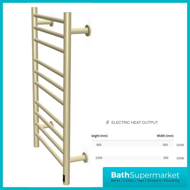 Reina Arnage Brushed Brass Stainless Steel Dry Electric Heated Towel Rail 500mm Wide