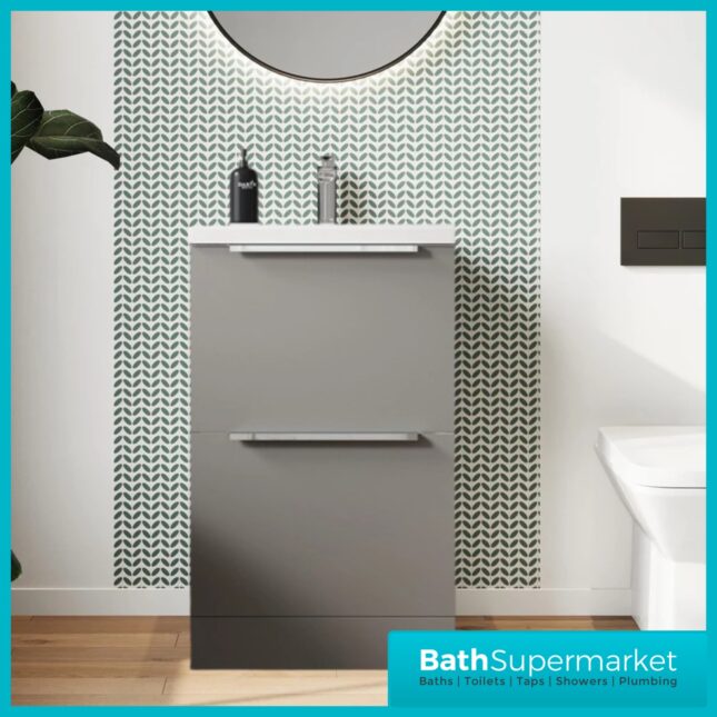 Sognare Muro Plus 600mm Grey Floorstanding Vanity Basin Unit – Chrome/Black Handle