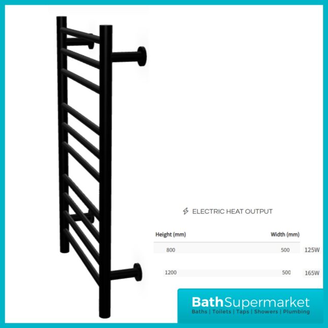 Reina Arnage Matt Black Stainless Steel Dry Electric Heated Towel Rail 500mm Wide
