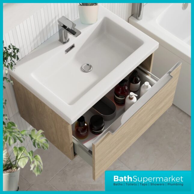 Sognare Muro Plus 600mm Oak Wall Hung Vanity Basin Unit – Chrome/Black Handle