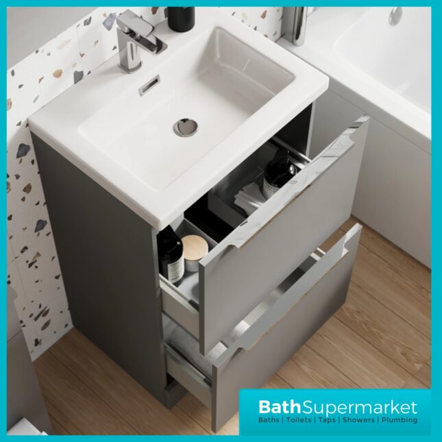 Sognare Muro Plus 600mm Grey Floorstanding Vanity Basin Unit – Chrome/Black Handle