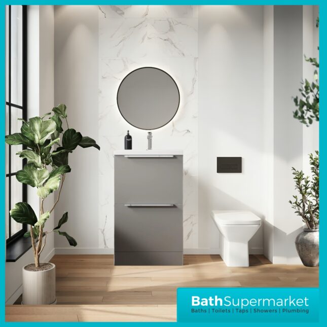 Sognare Muro Plus 600mm Grey Floorstanding Vanity Basin Unit – Chrome/Black Handle