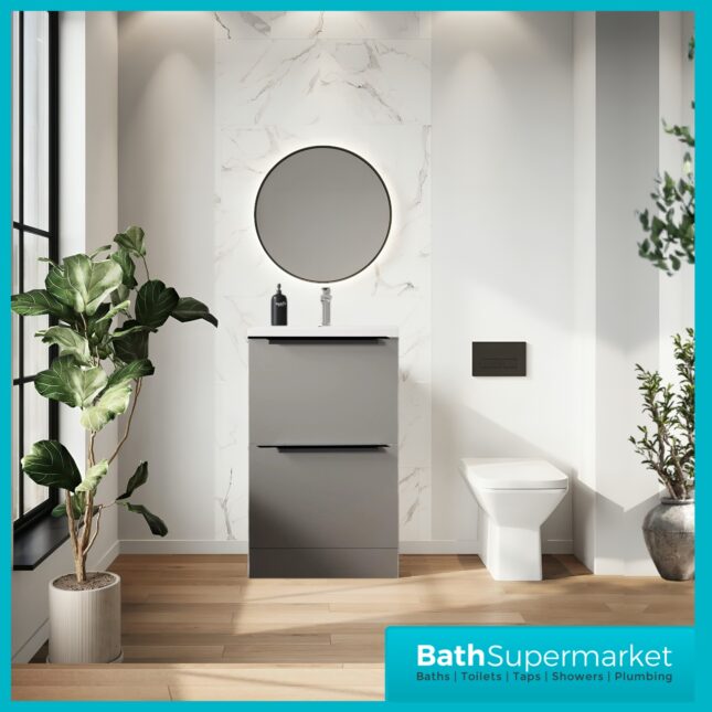 Sognare Muro Plus 600mm Grey Floorstanding Vanity Basin Unit – Chrome/Black Handle
