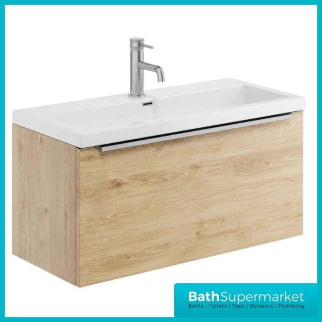 Sognare Muro Plus 800mm Oak Wall Hung Vanity Basin Unit – Chrome/Black Handle