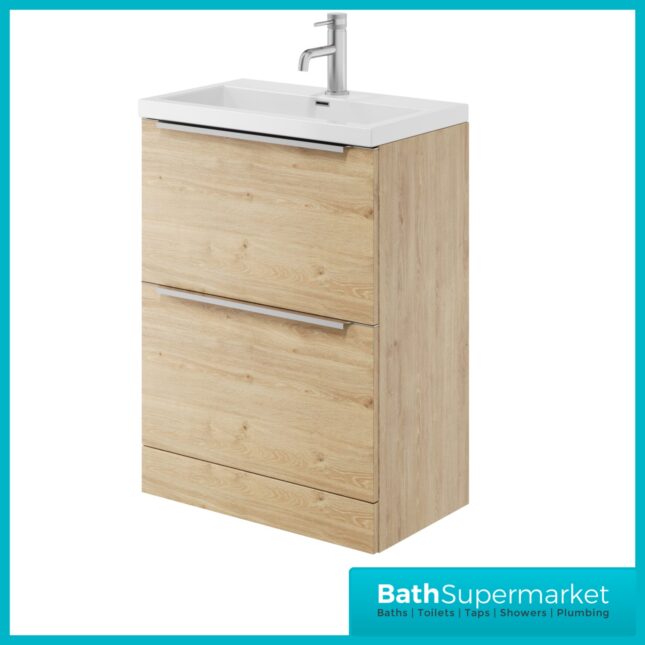 Sognare Muro Plus 600mm Oak Floorstanding Vanity Basin Unit – Chrome/Black Handle
