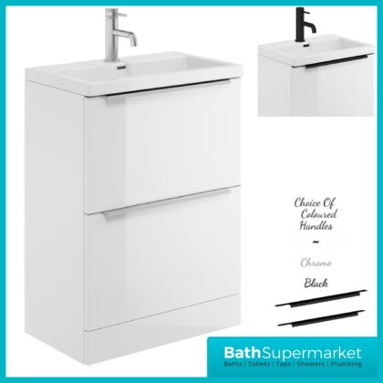 Sognare Muro Plus 600mm White Floorstanding Vanity Basin Unit – Chrome/Black Handle