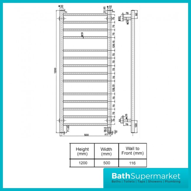 Reina Arnage Gun Metal Stainless Steel Dry Electric Heated Towel Rail 500mm Wide