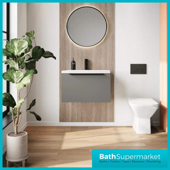 Sognare Muro Plus 600mm Grey Wall Hung Vanity Basin Unit – Chrome/Black Handle