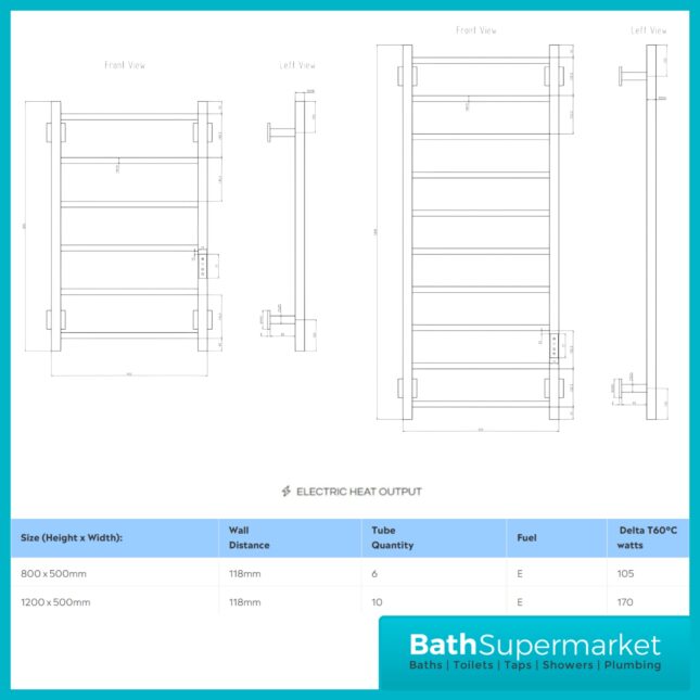 Reina Velino Matt Black Dry Electric Heated Towel Rail 500mm Wide
