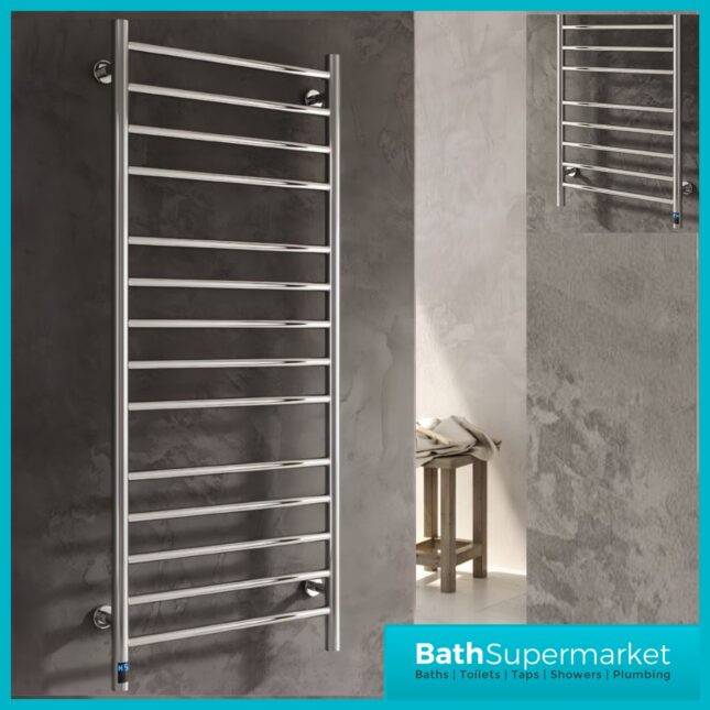 Reina Arnage Polished Stainless Steel Dry Electric Heated Towel Rail 500mm Wide