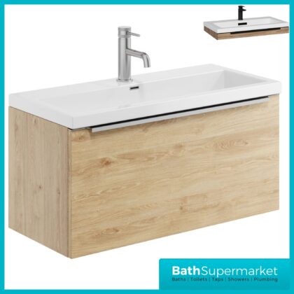 Sognare Muro Plus 800mm Oak Wall Hung Vanity Basin Unit – Chrome/Black Handle
