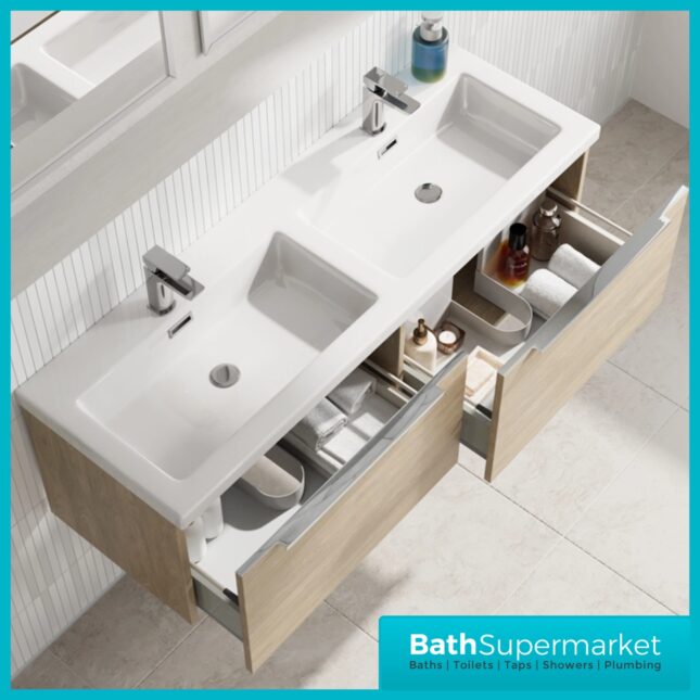 Sognare Muro Plus 1200mm Oak Wall Hung Double Basin Vanity Unit – Chrome/Black Handle