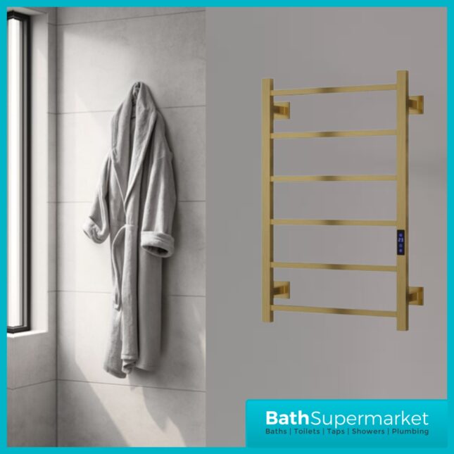 Reina Velino Brushed Brass Dry Electric Heated Towel Rail 500mm Wide