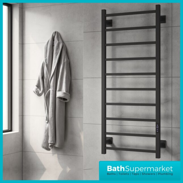 Reina Velino Matt Black Dry Electric Heated Towel Rail 500mm Wide