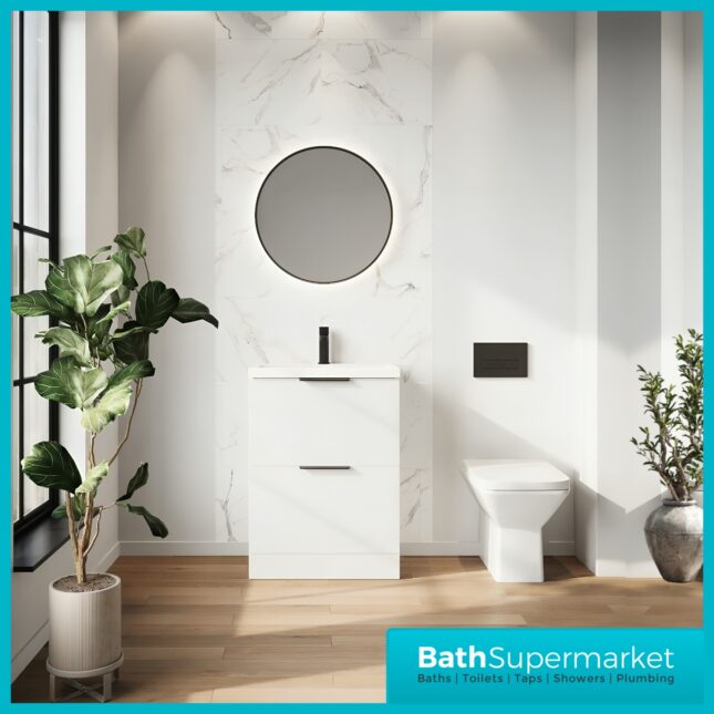 Sognare Muro Plus 600mm White Floorstanding Vanity Basin Unit – Chrome/Black Handle