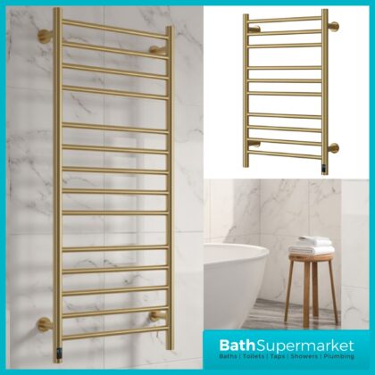 Reina Arnage Brushed Brass Stainless Steel Dry Electric Heated Towel Rail 500mm Wide