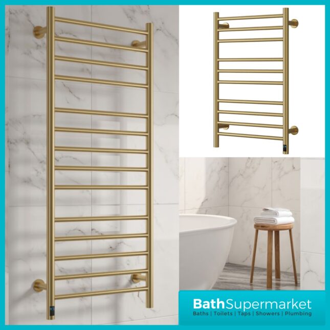 Reina Arnage Brushed Brass Stainless Steel Dry Electric Heated Towel Rail 500mm Wide