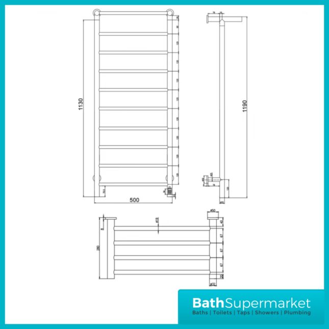 Reina Maira Black Dry Electric Stainless Steel Designer Heated Towel Rail 500mm Width