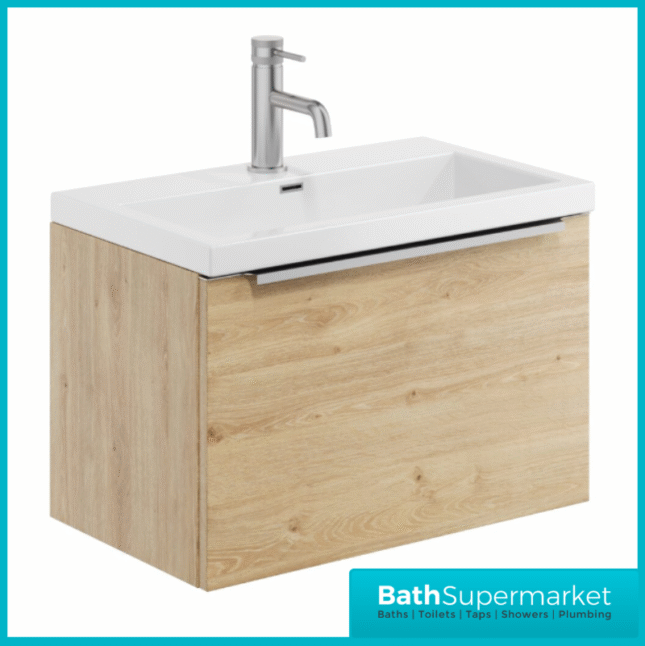 Sognare Muro Plus 600mm Oak Wall Hung Vanity Basin Unit – Chrome/Black Handle