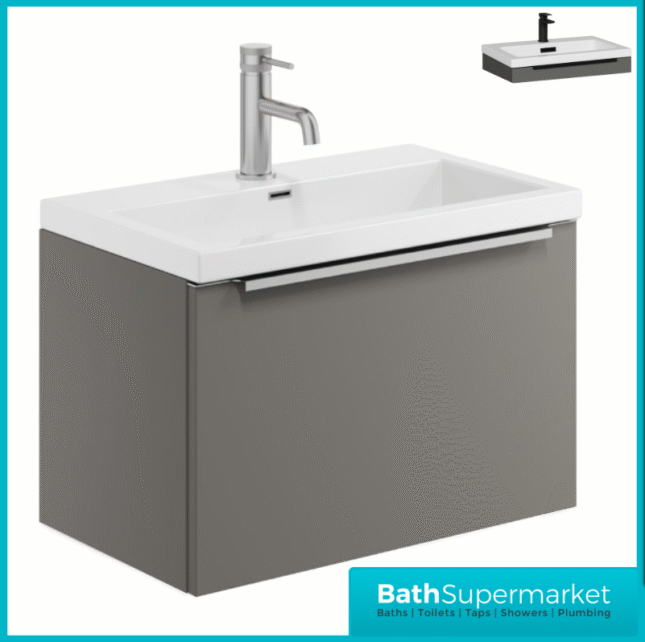 Sognare Muro Plus 600mm Grey Wall Hung Vanity Basin Unit – Chrome/Black Handle
