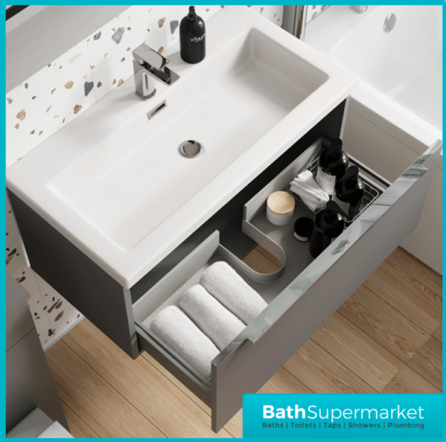Sognare Muro Plus 800mm Grey Wall Hung Vanity Basin Unit – Chrome/Black Handle