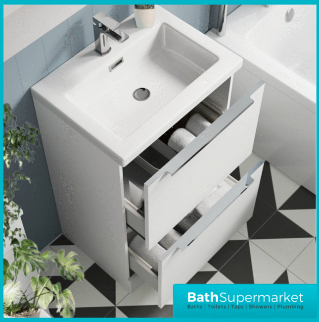 Sognare Muro Plus 600mm White Floorstanding Vanity Basin Unit – Chrome/Black Handle