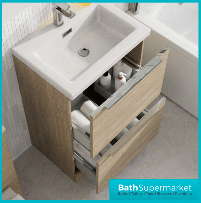 Sognare Muro Plus 600mm Oak Floorstanding Vanity Basin Unit – Chrome/Black Handle