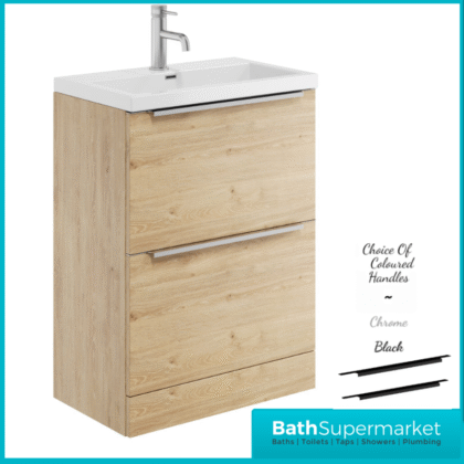Sognare Muro Plus 600mm Oak Floorstanding Vanity Basin Unit – Chrome/Black Handle