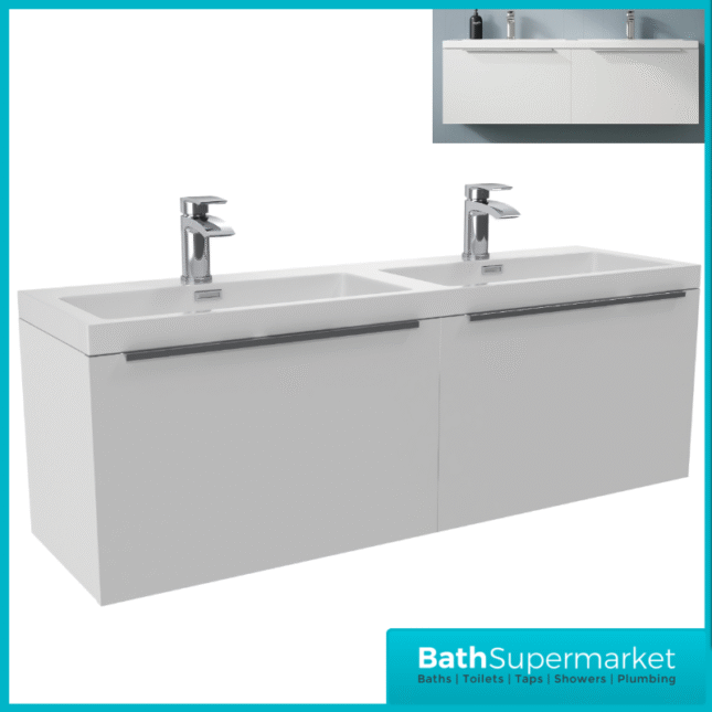 Sognare Muro Plus 1200mm White Wall Hung Double Basin Vanity Unit – Chrome/Black Handle