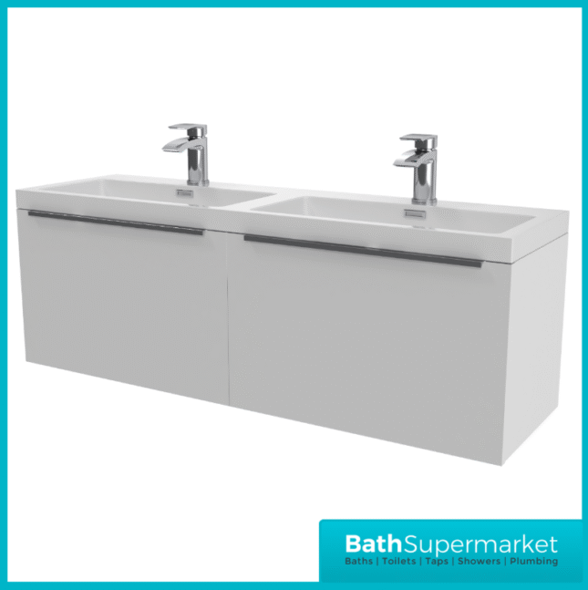 Sognare Muro Plus 1200mm White Wall Hung Double Basin Vanity Unit – Chrome/Black Handle