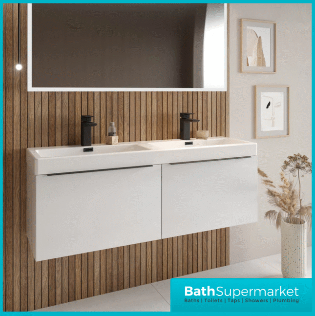 Sognare Muro Plus 1200mm White Wall Hung Double Basin Vanity Unit – Chrome/Black Handle