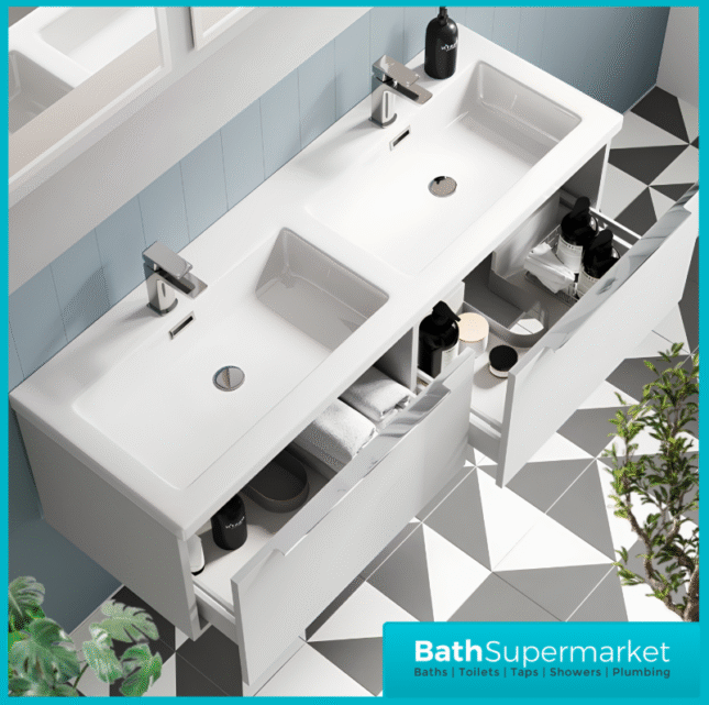 Sognare Muro Plus 1200mm White Wall Hung Double Basin Vanity Unit – Chrome/Black Handle