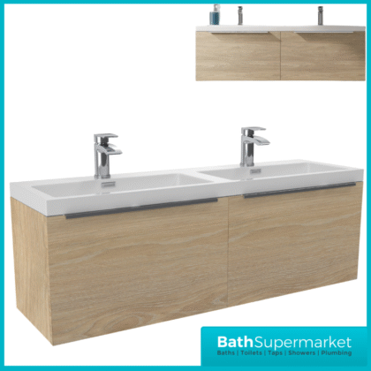 Sognare Muro Plus 1200mm Oak Wall Hung Double Basin Vanity Unit – Chrome/Black Handle