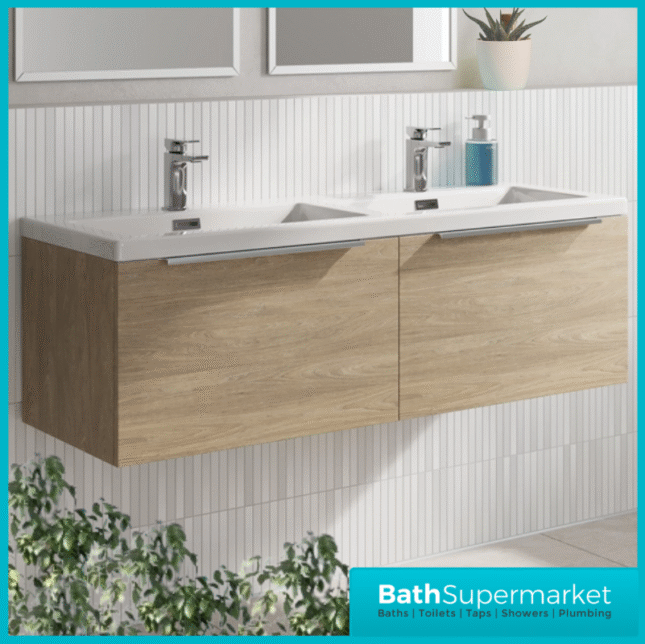 Sognare Muro Plus 1200mm Oak Wall Hung Double Basin Vanity Unit – Chrome/Black Handle